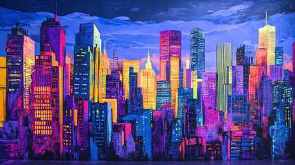 Obraz premium A bold, neon-colored cityscape mural in graffiti style, creating an energetic urban backdrop perfect for modern designs.