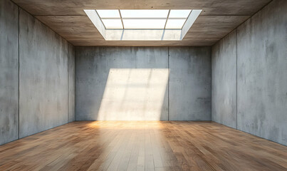 Obraz premium Serene room with concrete walls and wooden floor lit by skylight.