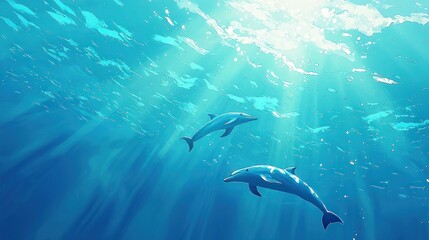 Obraz premium Two dolphins swimming in sunlit ocean water.