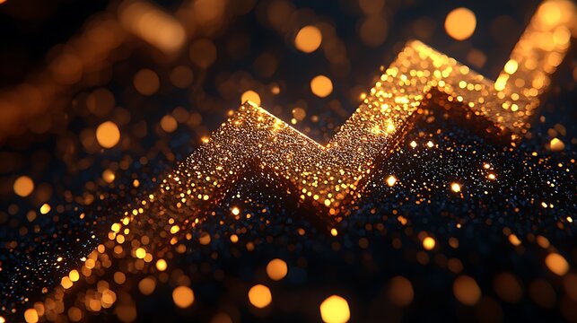 Gold glitter zigzag upward trend on dark surface with bokeh lights for presentations