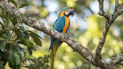 Obraz premium Vibrant blue and yellow macaw perched on tree branch in lush forest.