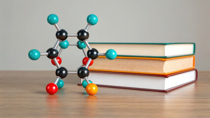 Molecular structure model displayed in front of stacked books, symbolizing science and education. colorful model represents atoms and bonds, showcasing chemistry concepts