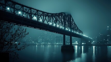 Fototapeta premium Night cityscape with bridge, fog, and city lights reflected in water.