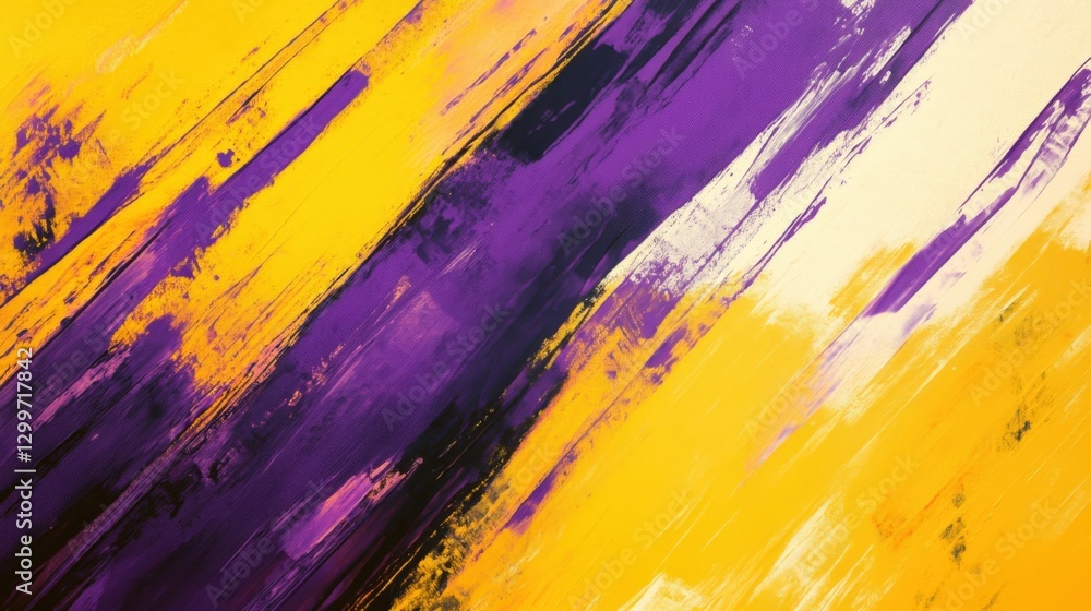 Poster purple, yellow and white brushstrokes are creating a dynamic and energetic abstract painting, with d