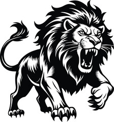 Fototapeta premium Fierce Roaring Lion Black and White Silhouette.