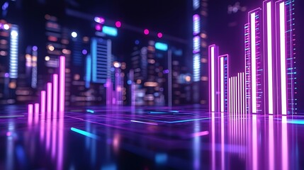 Neon bars glow, city buildings blurred background, for tech or finance data visualization