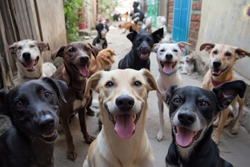 Playful Stray Dogs Gather in Urban Setting with Joyful Expressions and Community Spirit