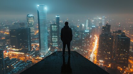 Obraz premium Silhouette of man on rooftop overlooking a hazy, nighttime cityscape.