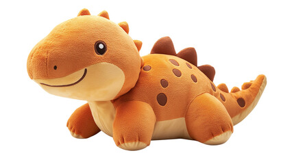 Cute dinosaur plush toy isolated on transparent background, a soft, furry, and cuddly stuffed animal in brown and orange colors, perfect for children's playtime.