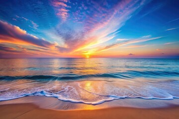 Obraz premium Serene Sunset Seascape Golden Hour Waves Gently Caress the Sandy Shore, a Peaceful Coastal Panorama