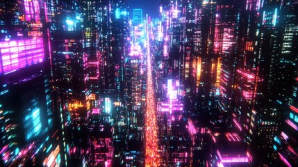 Fototapeta premium Silhouetted against a twilight backdrop a dense of skyscrapers is illuminated by a kaleidoscope of colored lights. Bursts of neon hues from billboards and streetlights illuminate the