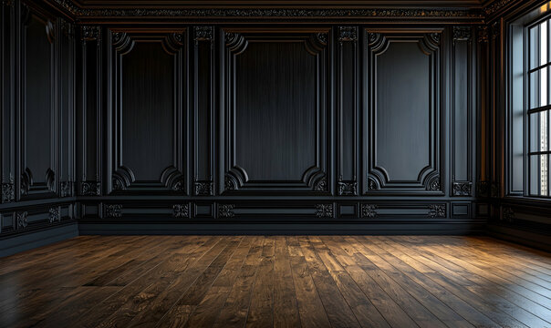 Black wood wall panels and wooden floor in empty classic room.