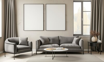 Modern living room interior with a grey sofa. armchair. and two blank frames