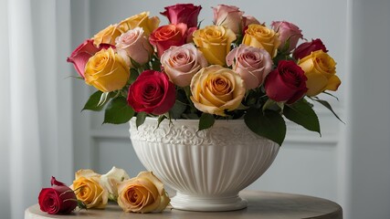 A beautiful and colorful bouquet of roses, elegantly arranged in a white vase. The roses come in a variety of colors, including red, yellow, pink, and white.
