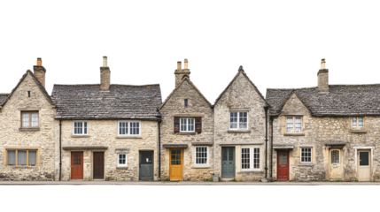 Row of rustic old countryside buildings, isolated on transparent background, showcasing vintage residential stone cottages in a rural town setting.