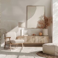 A cozy living room with a comfortable armchair. a wooden cabinet. and a large mirror