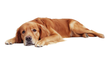 Sad golden retriever dog lying on the floor, isolated on transparent background, representing a bored or unhappy pet animal in a calm, downcast pose.