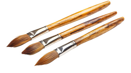 Fototapeta premium Set of three wooden paintbrushes, isolated on transparent background, perfect for artists and painters, ideal for creativity and drawing on canvas.