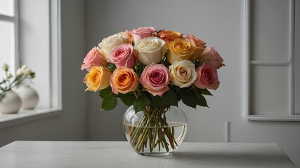 A beautiful and colorful bouquet of roses, elegantly arranged in a white vase. The roses in various colors, including pink, orange, and yellow, create a dynamic and visually appealing display.
