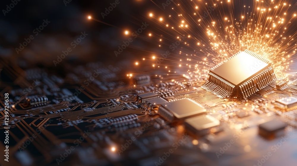 Poster sparkling microchip surrounded by electric sparks and circuitry background in a high-tech digital en
