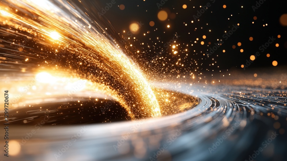 Poster abstract swirling motion with golden lights and dynamic sparkles in a cosmic background of energy an