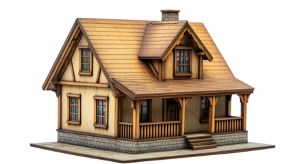 Small miniature wooden cottage house model isolated on white background, representing residential property architecture, real estate investment, and small-scale construction for homes or apartments. 