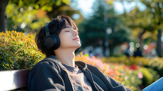 明るい公園のベンチで目を閉じてヘッドフォンで音楽を聴く若いアジア人男性