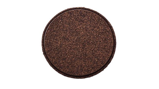 Top view of a coaster isolated on transparent background, representing a round, brown drink mat, ideal for protecting surfaces from cup or mug placements.