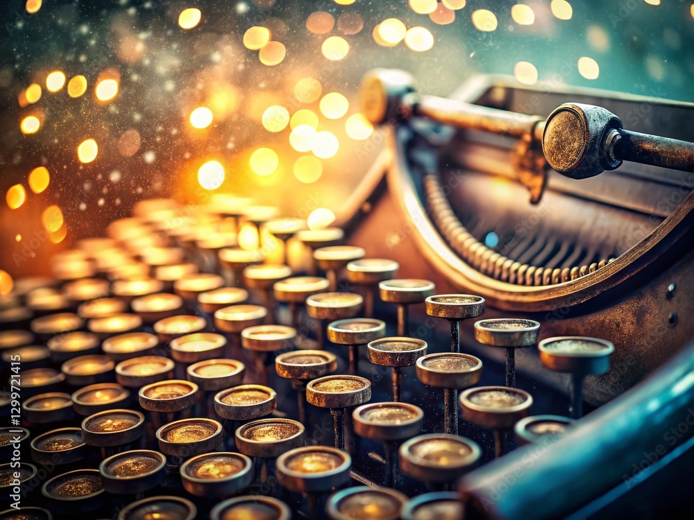 Poster surreal retro typewriter close-up: ethereal typing keys & floating words
