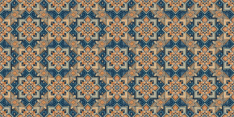 Thai art tribal traditional seamless pattern with blue flowers