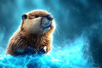 Adorable Otter Playfully Swimming and Splashing in a Reflective Aqua Teal River
