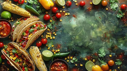 Overhead View of Delicious Tacos with Colorful Vegetables and Salsa on Dark Background