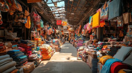 Naklejka premium Textile Market Adventure Ã¢â‚¬â€œ A designer explores exotic fabric markets in search of inspiration. , free space, realistic photography, natural lighting