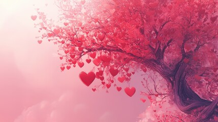 Pink And Red Heart Shaped Leaves Falling From A Tree Against A Pastel Sky