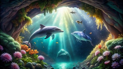 Obraz premium Surreal Underwater Cave: Cat and Dolphin Encounter
