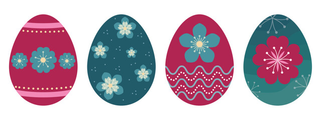 Cute Red Green Color Easter Eggs With Flower Pattern