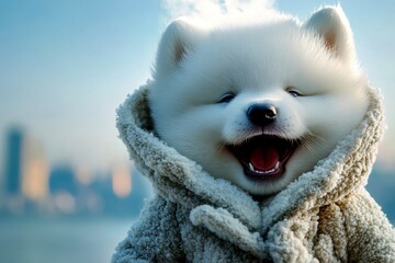 Animal welfare. Jocular pets. Happy cute baby dog samoyed in winter warm clothes, visible breath from nose and mouth in chilly air. Pet winter fun. Dog cold weather clothing. Warm pet coats.