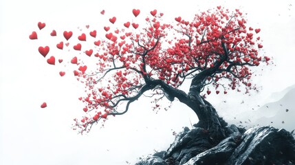 Red Heart Tree on Mountaintop in Winter Landscape