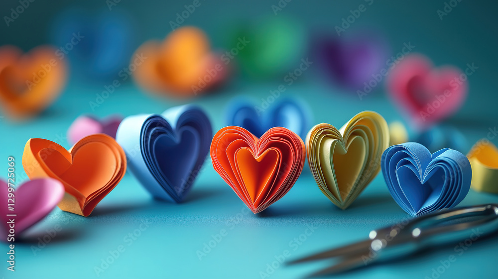 Poster studio setting with colorful paper hearts and scissors on a background creating a craft-inspired com