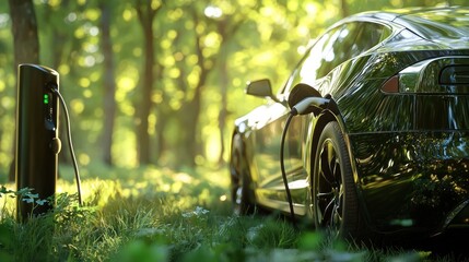 Electric car charging outdoors in nature.