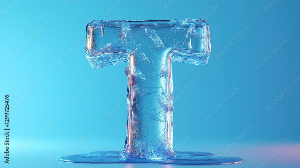 Poster the letter t frozen in a vibrant ice block creating a bold and striking icy visual composition