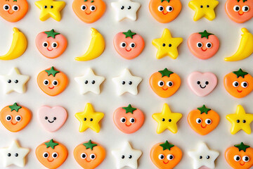 Cute fruit and star shaped candies arranged in a repeating pattern on a beige background.