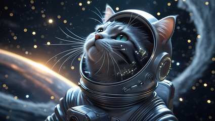Fototapeta premium A mesmerizing, hyper-realistic visual representation of astronaut cat, suspended in mid-air, surrounded by a majestic, gas-giant planet with iridescent, created by generative ai