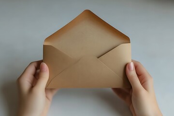 Hands hold open brown envelope on white