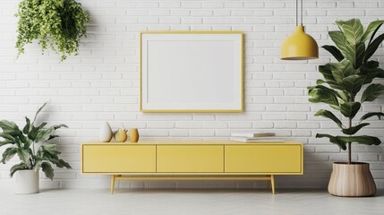 3D rendering of an empty picture frame on the wall above a yellow sideboard, with a white brick background, in a golden color theme