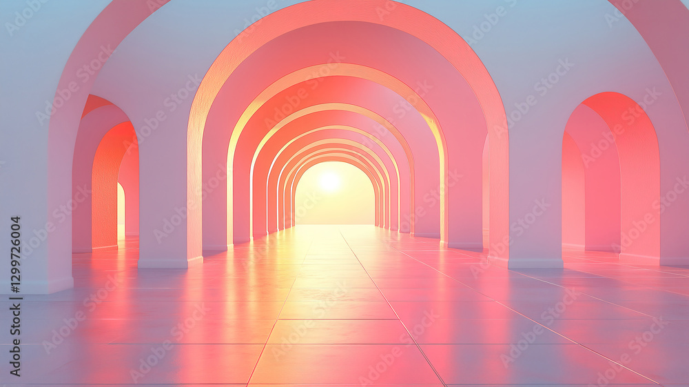 Poster sunset light filtering through arches in an abstract architectural design with glowing hues