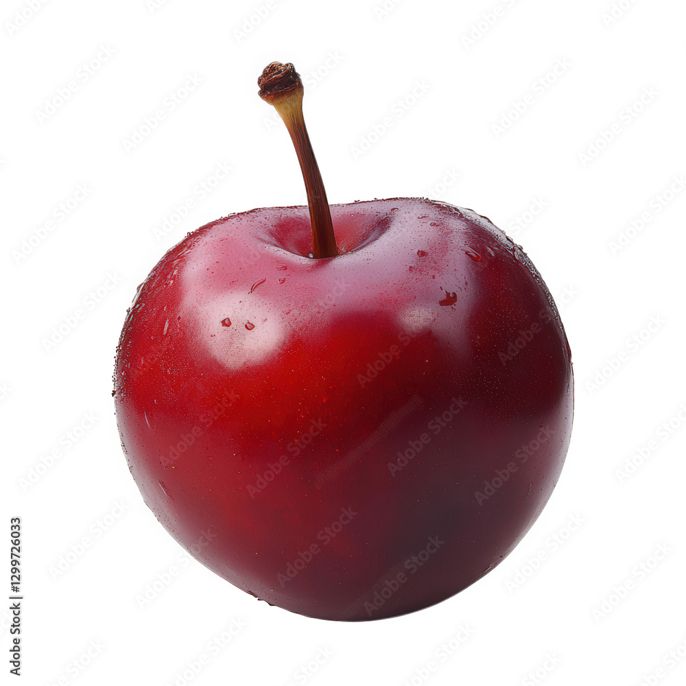 Poster single. shiny red apple with a smooth surface and a small stem. set against a plain white background