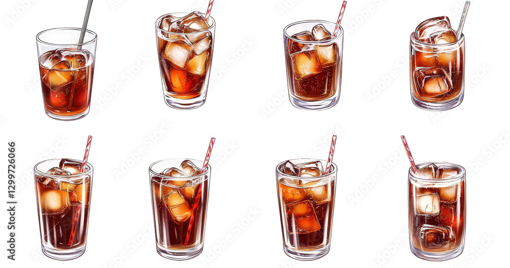 Poster collection of eight glasses filled with a dark. fizzy beverage. each containing ice cubes and a stra