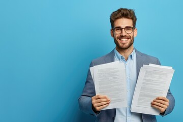 A smiling man in a blazer holds papers, standing against a blue wall, exuding confidence and professionalism.
