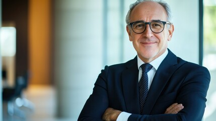 Fototapeta premium A confident, middle-aged man in formal attire smiles warmly, standing with arms crossed in a modern, well-lit office environment.